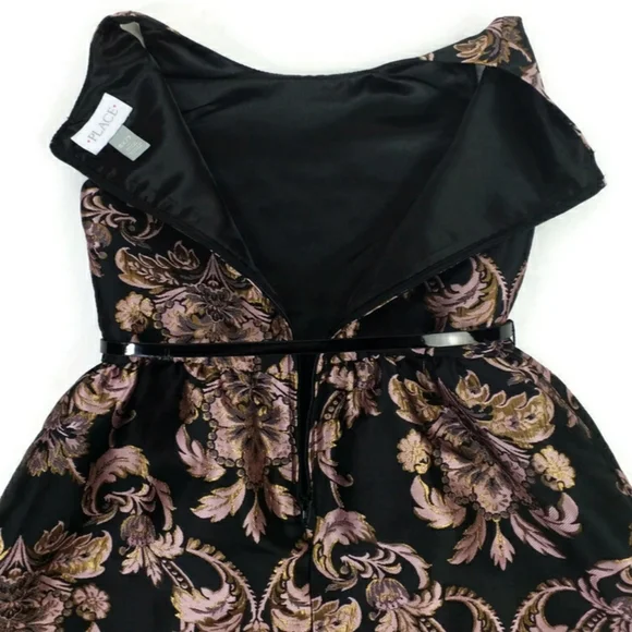 The Children's Place Black Pink Gold Brocade Sleeveless Party Dress Girl 16 NWOT
